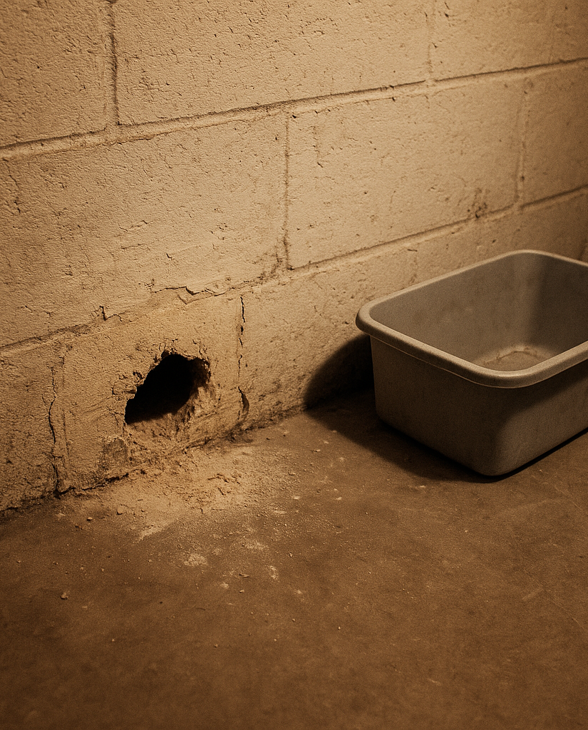 gnaw marks on patched garage wall base